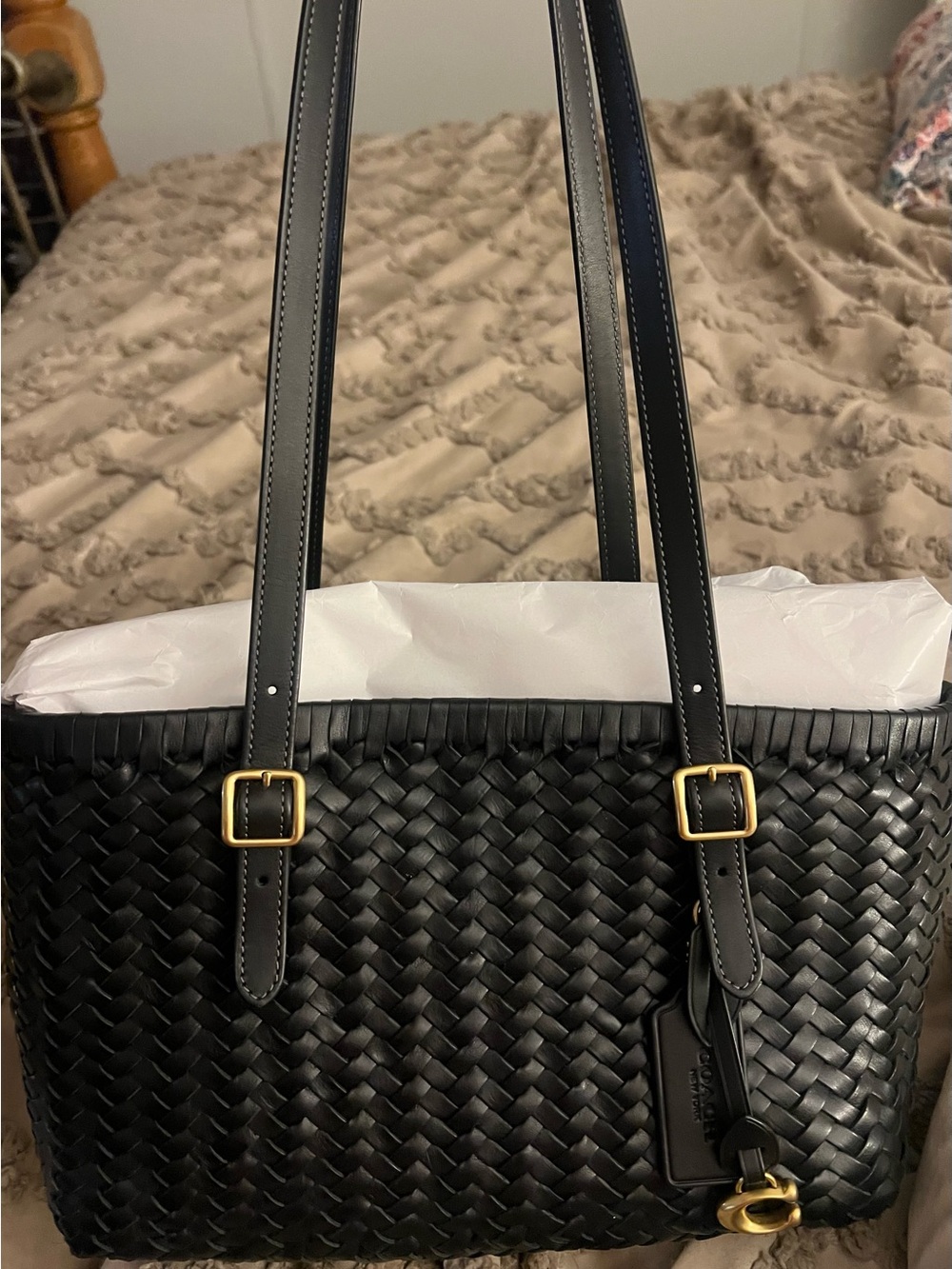 Coach Black Woven Leather swing tote.